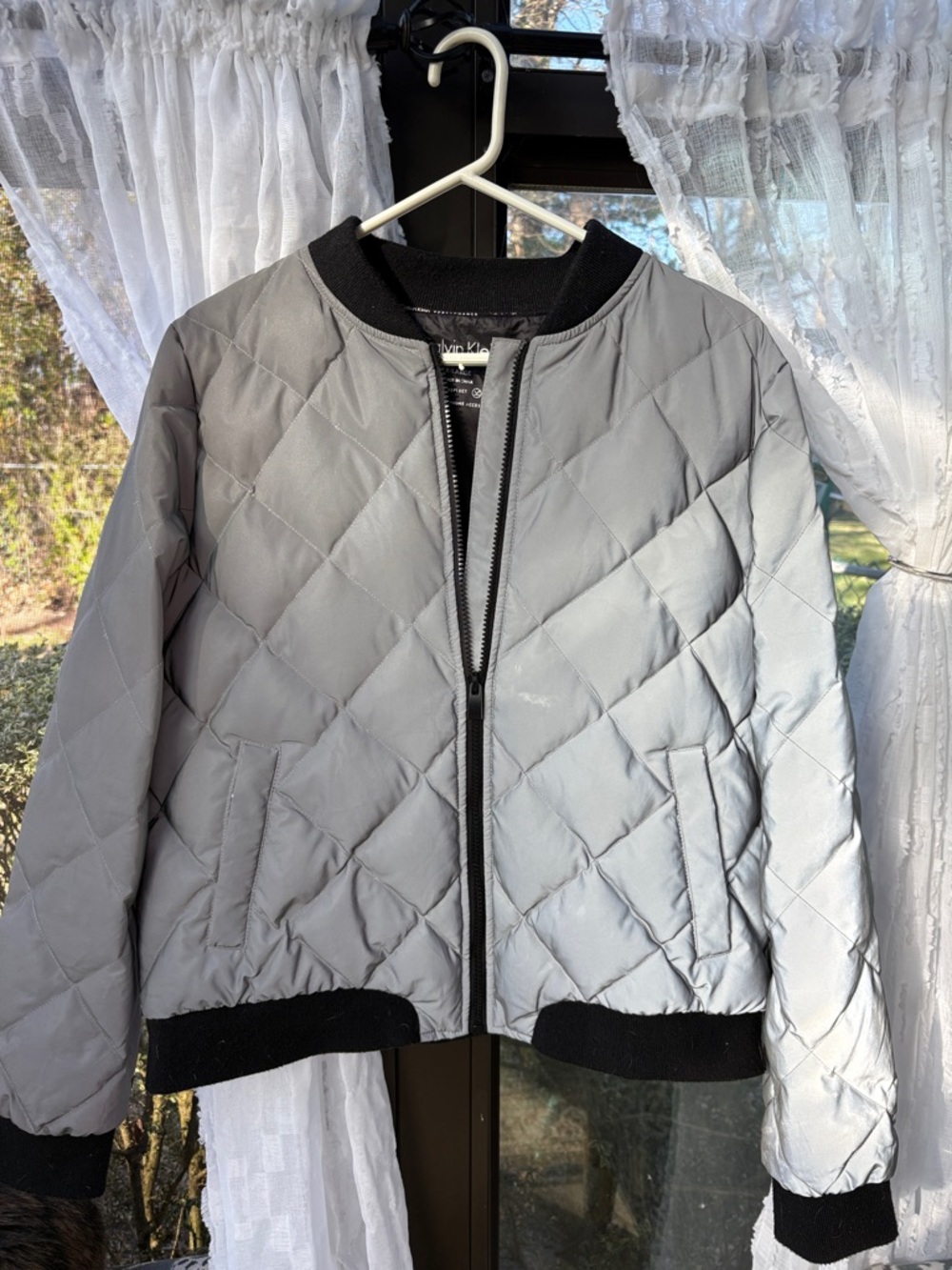 Calvin Klein Light Gray Quilted Bomber Jacket with Black Trim